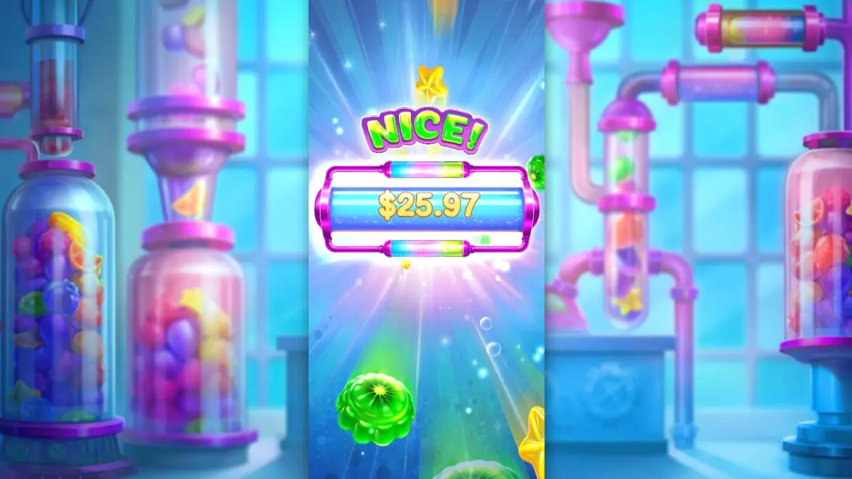 Tampilan antarmuka slot Sweet Burst dengan tema laboratorium permen