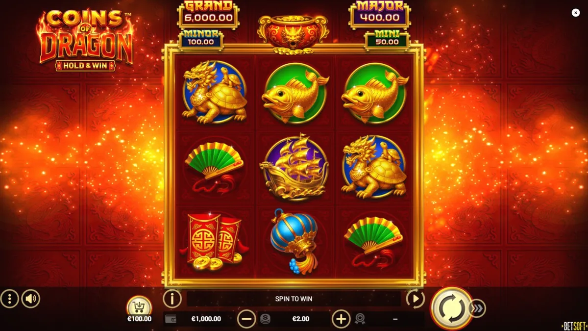 Tampilan visual slot Coins of Dragon – Hold & Win dengan tema naga emas